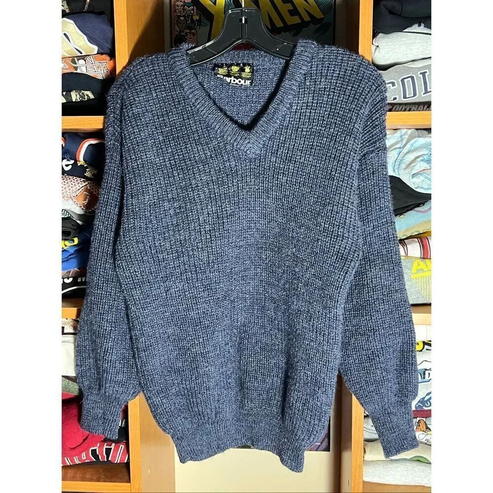 Vintage Barbour Marl Knit Fisherman Wool V Neck Sweater 36